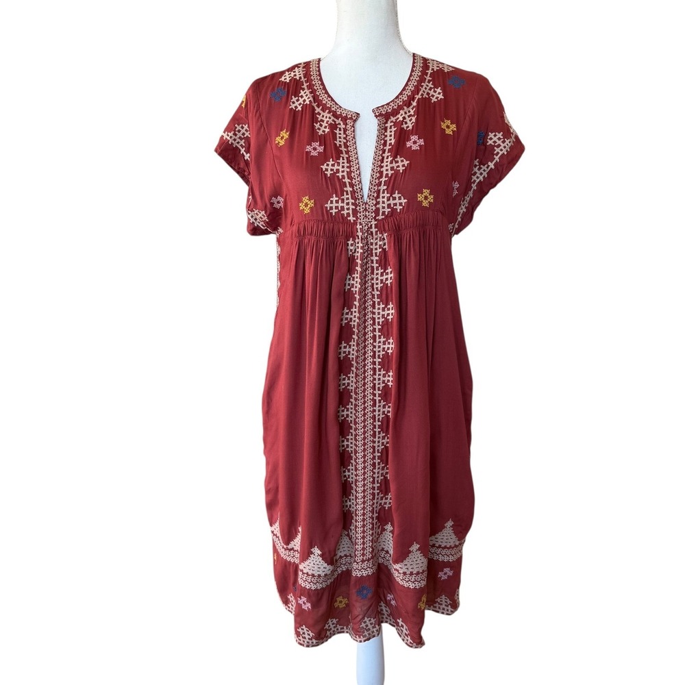 Sundance Embroidered Boho Tunic Dress Rust Red XS Short Sleeve Modal Lined